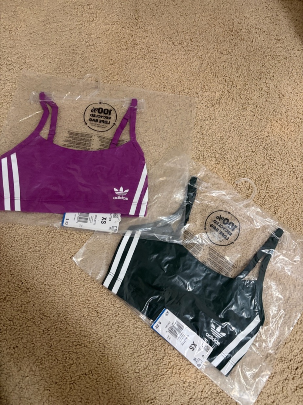 adidas Sports Bras in Purple and Black SET OF 2 SIZE XS NWT BRALETTE NO PADS